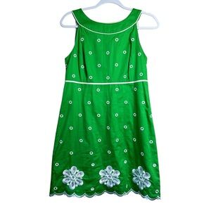 Vintage Lilly Pulitzer Dress 6 Green White Embroidered White Label Polka Dot